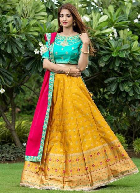 Yellow And Sea Green Colour Anandam Odhni New Designer Festive Wear Fancy Silk Lehenga Choli Collection 2369